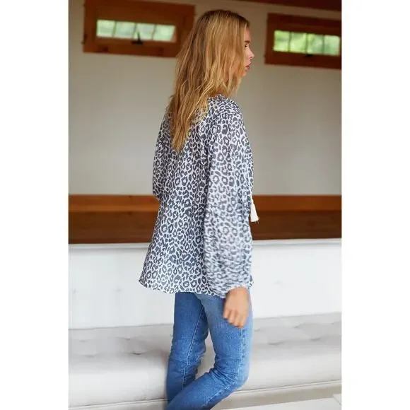 EMERSON FRY INDIA COLLECTION Bardot Top Charcoal Leopard Organic Blouse Sz Small - Picture 5 of 11